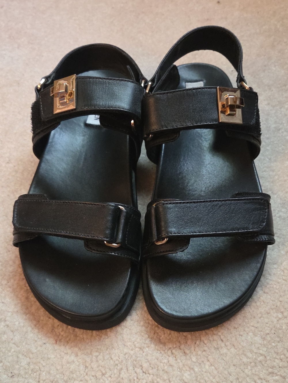 Steve Madden Black Leather Strap Sandals with Gold Hardware